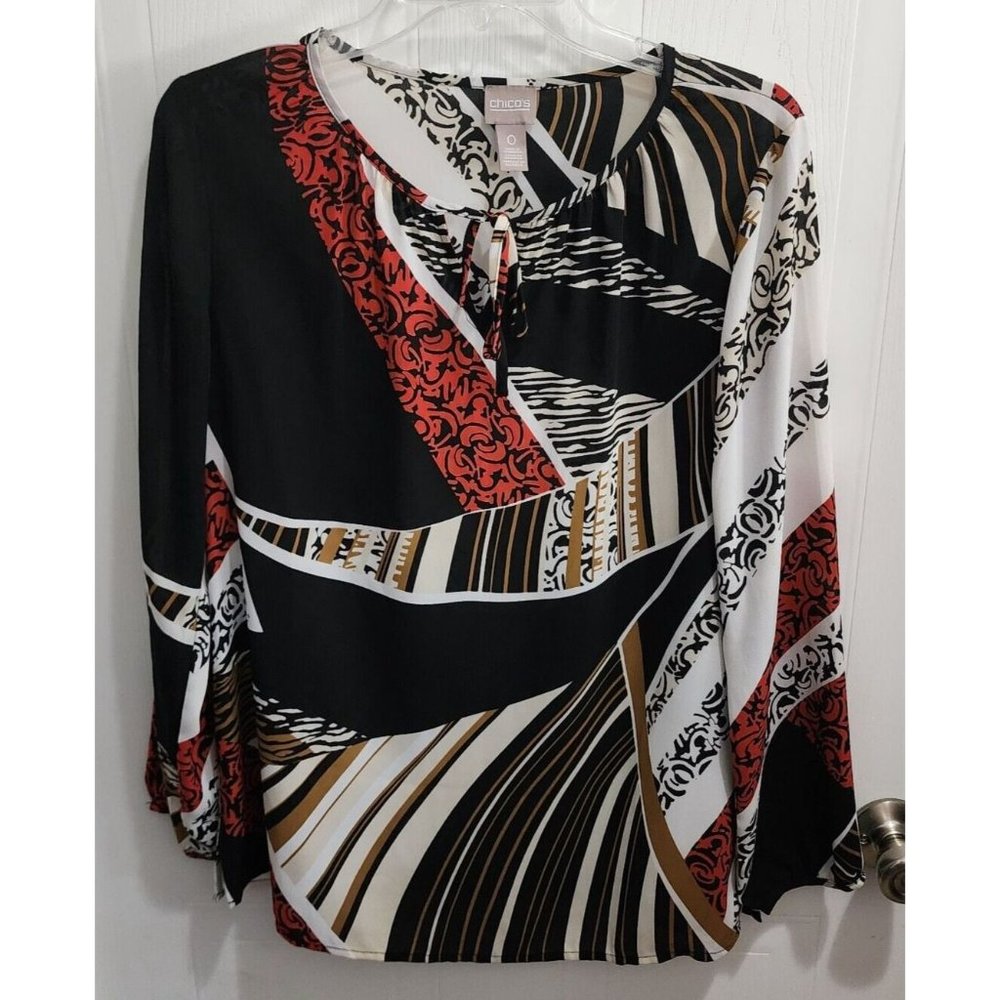 Chico's Women's Long Sleeve Pullover Blouse Top Keyhole Neck Polyester Sz 0 (S)